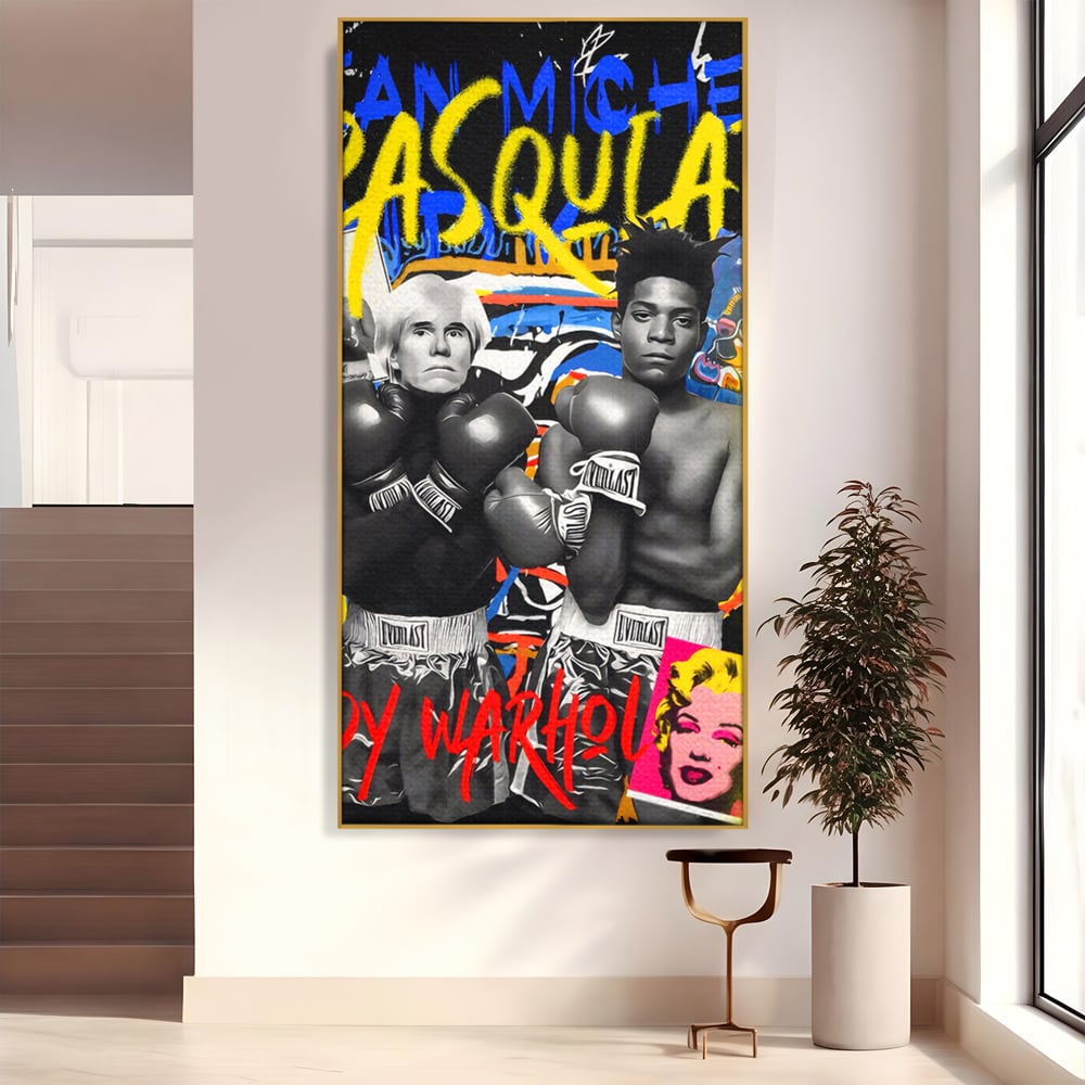 Tablou canvas cu tablou canvas cu andy warhol si basquiat, in rama de aluminiu auriu